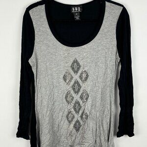 NWD New Woman Design Top Blouse Size L Gray Black Long Sleeve Scoop Neck Rayon
